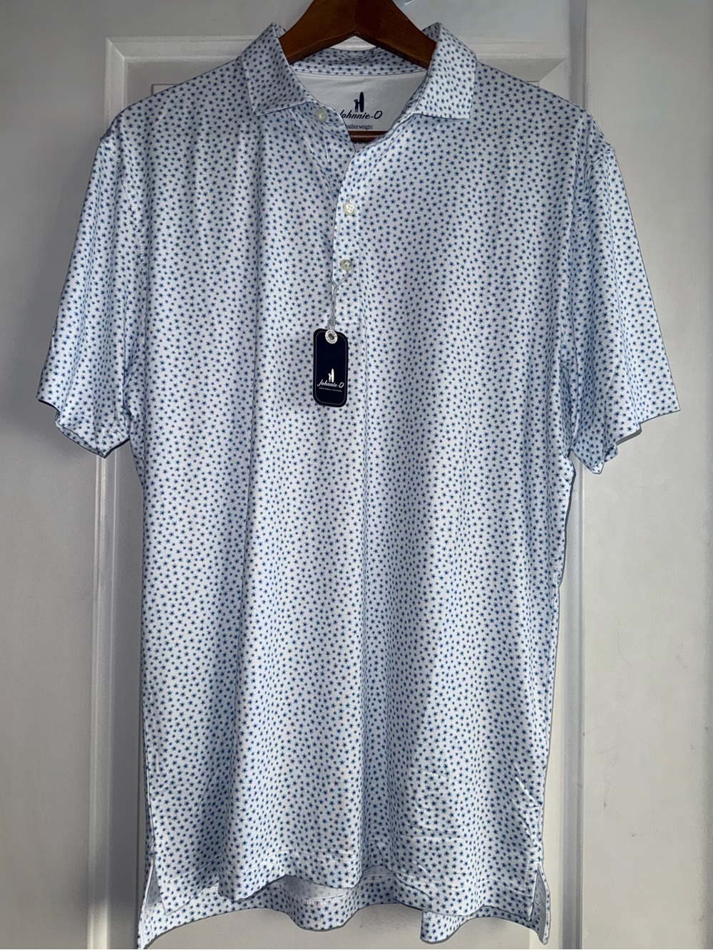 johnnie-O "Plumeria" Featherweight Polo in Tide Blue Micro-Floral - NWT